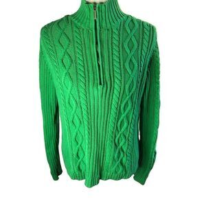 Cable knit Chaps vintage green cable knit 3/4 gold zip cotton mock turtleneck sw
